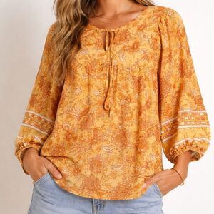 C&C California Mustard Yellow Peasant Blouse Size Medium